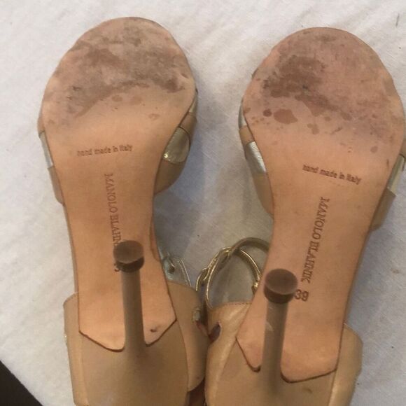 Manolo Blahnik Beige and gold cut out strap he sandal heel ￼(39) - Picture 5 of 9
